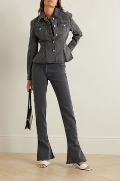 Chic Denim Jacket With Flap Pockets, Fitted Denim Jacket With Flap Pockets For Work, Chic Fitted Denim Jacket With Pockets, Fitted Denim Jacket For Work, Fitted Denim Jacket With Pockets For Work, Chic Fitted Single-breasted Denim Jacket, Tailored Denim Jacket With Pockets For Fall, Fashion Denim Jacket, Denim Jacket Outfit