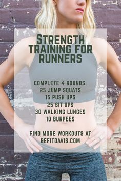 a woman standing in front of a brick wall with the words strength training for runners