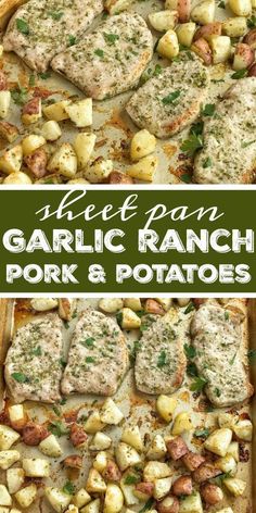 garlic ranch pork and potatoes on a sheet pan with text overlay that reads see & pay garlic ranch pork and potatoes