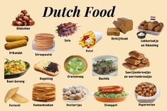 an image of dutch food in english and german words on a beige background with white writing