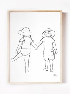 a black and white drawing of two people holding hands, one is wearing a hat