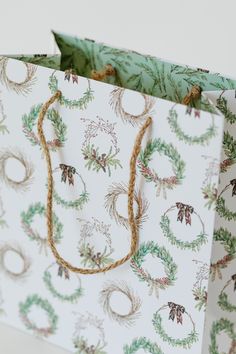 a close up of a paper bag on a white background with green and brown designs