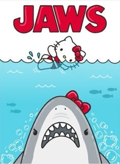 hello kitty is swimming in the water next to a shark with its mouth open and tongue out