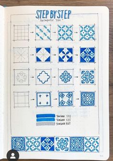 an open notebook with blue and white tiles on the page, which is labeled step by step