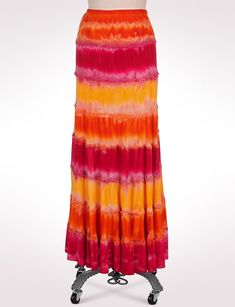 Sunshine Tie-Dye Maxi Skirt Multicolor Tiered Flowy Maxi Skirt, Multicolor Flowy Tiered Maxi Skirt, Orange Ruffled Tiered Skirt Bottoms, Pink Tiered Bohemian Bottoms, Orange Ruffled Tiered Skirt, Tie Dye Tiered Skirt For Summer, Spring Tie-dye Tiered Skirt, Tie Dye Long Skirt, Ombre Skirt