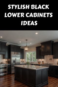 Stylish black lower cabinets in a modern kitchen with stainless steel appliances and a large island.