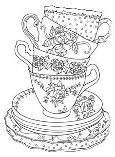 tea cups stacked on top of each other with flowers and polka dot dots around them