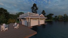 an artist's rendering of a dock with chairs and a house on the water