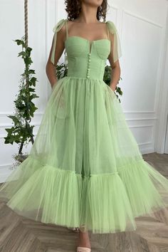 A Line Spaghetti Straps Green Tulle Tea Length Prom Dresses, Green Tulle Formal Graduation Evening Dresses Color Chart Formal Gowns Elegant, Prom Dress Green, Tea Length Prom Dress, Spring Bridesmaid Dresses, Tea Length Tulle, Nature Valley, Green Evening Dress, Green Tulle, Prom Dresses With Pockets