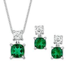 A cushion-cut, lab-created emerald dangles from a cushion-cut, lab-created white sapphire in the earrings and necklace of this wonderful boxed set for her. Fashioned in sterling silver, the necklace has an 18-inch box chain that fastens a lobster clasp and the earrings secure with friction backs. Classic Diamond Cut Jewelry Set As Gift, Classic Cushion Cut Jewelry Gift, Fine Jewelry Cushion Cut Gift, Cubic Zirconia Cushion Cut Jewelry Gift, Cushion Cut Cubic Zirconia Jewelry Gift, Cushion Cut Birthstone Jewelry Gift, Cushion Cut Birthstone Jewelry For Gifts, Elegant Diamond Cut Jewelry For May Birthstone, Cushion Cut Sterling Silver Earrings