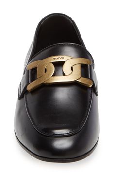 A logoed golden chain polishes the look of a leather loafer expertly handmade in Italy with an apron toe. Style Name:Tod'S Kate Chain Detail Loafer (Women). Style Number: 6212651. Classic Gold Loafers With Metal Feet, Gold Loafers With Leather Sole And Calf Leather, Gold Calf Leather Loafers With Leather Sole, Luxury Gold Loafers In Calf Leather, Luxury Gold Calf Leather Loafers, Gold Formal Loafers With Branded Insole, Gold Calf Leather Loafers For Formal Occasions, Gold Calf Leather Formal Loafers, Formal Gold Calf Leather Loafers