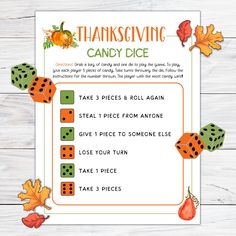 a printable thanksgiving candy dice game