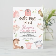 a baby shower card with farm animals on it and the words only baa moo happens turning two