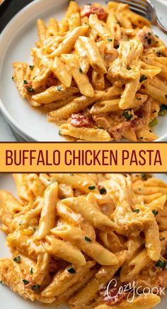 A collage with creamy Buffalo Chicken Pasta on a white plate. Types Of Pasta, Buffalo Chicken Pasta, Plats Healthy, Easy Pasta Dinner, Pasta Dinner Recipes, God Mat, Health Dinner Recipes, Easy Pasta Recipes, Chicken Dishes Recipes