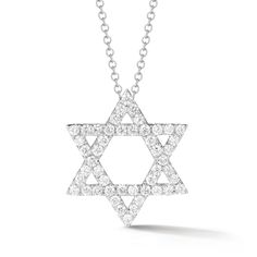 This pendant features pave-set diamonds covering the Star of David. Set in 14K gold, this necklace would also make an ideal bat mitzvah, birthday, or holiday gift. -14K gold weighing 3.87 grams -48 round pave-set diamonds totaling 0.67 carats. Available in yellow, white, & rose gold. Please allow 4-6 weeks for delivery if item is not in stock. Item no. P10886 Luxury Star Of David Necklace With Diamond Accents, Luxury Diamond Necklace Star Of David, Fine Jewelry Diamond Necklace With Star Of David, Diamond Star Of David Necklace For Formal Occasions, Formal Diamond Star Of David Necklace, Formal Star Of David Diamond Necklace, Silver Diamond Star Of David Necklace, Diamond Necklace With Star Of David Accents, Luxury Diamond Necklace In Star Of David Shape