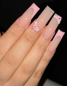 Square French Tip Acrylic Nails With Flowers, Spring Nail Sets Coffin, Summer Nail Inspo Tapered Square, Summer Nails Tapered Square, Nail Inspo Tapered Square, Prettiest Nails, French Tip Acrylic Nails