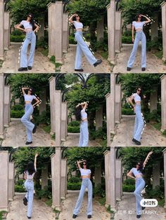 the woman is doing different poses in front of some stone pillars and trees with her hands on her head