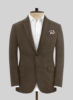 Pursue the subtly charming elegance with our Italian Prato Brown Linen Jacket. Nevertheless, our jacket is made from a pure linen fabric which showcases a calm, uniformly smooth glance, including airy and supple textures making a brilliant choice for hot and humid climates. Besides, the cloth is covered with a solid finish over a brown hue, a dapper edge to the persona. Furthermore, complement the signature standout looks with detailed tailoring, which keeps things classic with premium fit, so m Fitted Linen Tweed Jacket With Long Sleeves, Timeless Linen Blazer With Lapel Collar, Elegant Fitted Linen Sport Coat, Timeless Linen Outerwear With Suit Collar, Timeless Linen Outerwear For Office, Office Linen Single-breasted Outerwear, Fitted Linen Blazer With Pockets, Tailored Linen Blazer With Welt Pockets, Linen Business Blazer With Welt Pockets