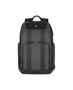 a black and grey backpack with stripes on it's side, sitting against a white background