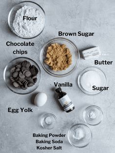 ingredients to make chocolate chip cookies laid out on a gray background with text overlay