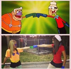 two pictures with cartoon characters on them, one has an arm sling and the other is pointing