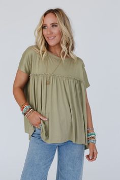 Sunday Morning Babydoll Top - Light Olive | Three Bird Nest Boho Silhouette, Babydoll Tee, Three Bird Nest, Boho Outfit, Padded Bralette, Olive Color, Babydoll Top, Bird Nest, Layered Necklace