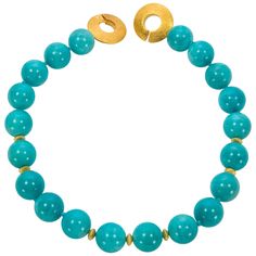 Stunning large Turquoise Blue Amazonite Natural Bead necklace enhanced by gilded sterling silver spacers. Hand knotted on matching blue thread and finished with a Gilded Sterling Silver circular clasp. Necklace measures approx. 19”. Spectacular in its simplicity! A perfect complement to every wardrobe… Illuminating your Look with a touch of Timeless class! For now and always! Statement Gemstone Necklace, Large Bead Necklace, Gold Link Necklace, Nugget Necklace, Gold For Sale, Gold Charm Necklace, Bleu Turquoise, Natural Beads, Unique Necklaces