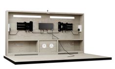 an entertainment center with two monitors and wires attached to the wall, on display in front of a white background