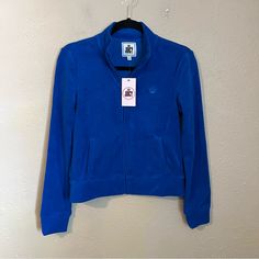 Nwt Juicy Couture Terry Cloth Zip Up Jacket In Blue Splash Small Hooded Zip Front Front Pockets New With Tags Trendy Blue Long Sleeve Track Jacket, Trendy Blue Track Jacket For Spring, Stretch Blue Track Jacket For Fall, Blue Fitted Casual Track Jacket, Blue Stretch Winter Track Jacket, Blue Stretch Track Jacket For Winter, Blue Long Sleeve Track Jacket For Spring, Fitted Blue Track Jacket For Spring, Blue Long Sleeve Track Jacket For Workwear