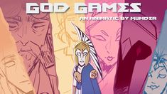 an animated character is standing in front of many colored walls with the words god games on it