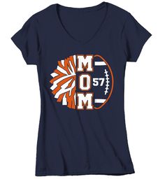 a women's v - neck shirt with the word mom in orange and white