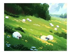 a painting of sheep grazing in a green field