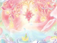 an artistic painting with flowers, stars and clouds in pastel pinks and yellows