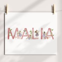 the word malla is made up of children's names in pink and white