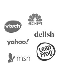 the logos for tech companies are shown in black and white, including yahoo, leap frog, nbc news