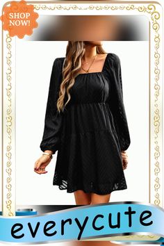 Black Square Neck Jacquard Chiffon Long Sleeve Dress Elegant Black Mini Chiffon Dress, Elegant Black Chiffon Mini Dress, Elegant Black Mini Length Chiffon Dress, Black Fitted Long Sleeve Chiffon Dress, Black Fitted Chiffon Dress With Long Sleeves, Black Long Sleeve Chiffon Dress For Fall, Spring Black Chiffon Mini Dress, Black Chiffon Dress For Fall, Elegant Black Long Sleeve Chiffon Dress