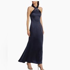 Long Navy Halter Dress Elegant Navy Midi Dress For Evening, Blue Silk Evening Dress For Dinner, Elegant Blue Evening Dress For Date Night, Navy Fitted Maxi Dress For Formal Occasions, Blue Long Dresses, Mint Floral Dress, Navy Halter Dress, Maxi Bodycon Dress, Long Blue Dress