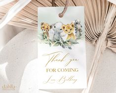 a thank you for coming card with koalas and eucalyptus leaves hanging from a palm tree