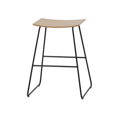 a wooden seat with black metal legs on a white background and an image of a stool