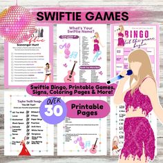 a woman in pink dress holding a microphone next to a sign that says swiffie games