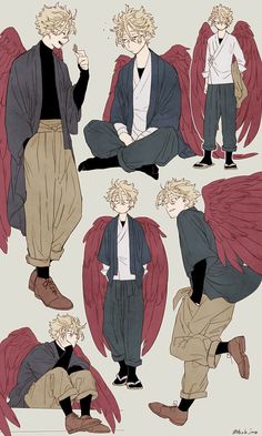 an anime character is sitting on the ground with his hands in his pockets and wings