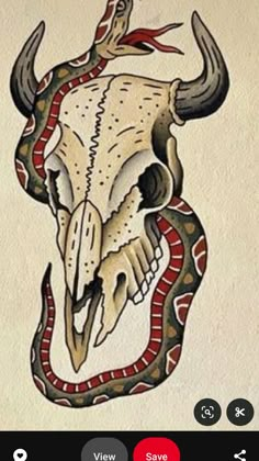 an animal skull with horns and snake on it's side, in the middle of a