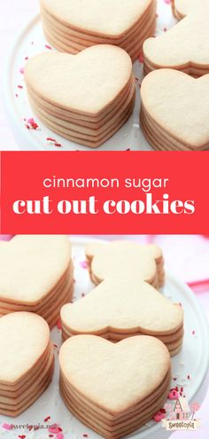 heart shaped cut out cookies on a plate with the words cinnamon sugar cut out cookies