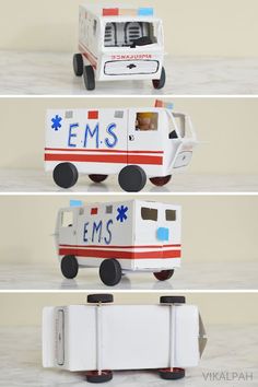 three different views of a toy ambulance truck