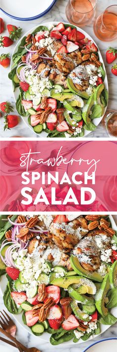 spinach salad with strawberries, cucumbers and feta cheese on top