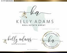 the logo for kelly adams's real estate agent is shown in gold and white