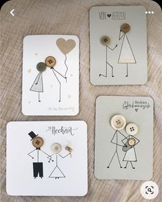 three cards with buttons on them that say i love you and two people holding hands