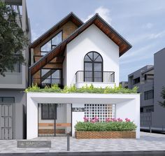 a two story house with plants growing on the roof