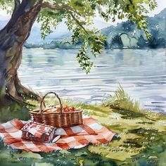 Picnic Scene Drawing, Countryside Drawing, Picnic Drawing, Picnic Painting, Smartwatch Wallpaper, Basic Painting, Scene Drawing, River Painting, Garden Drawing