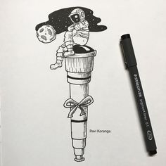 a drawing of a person sitting on top of a pole with a skull in it